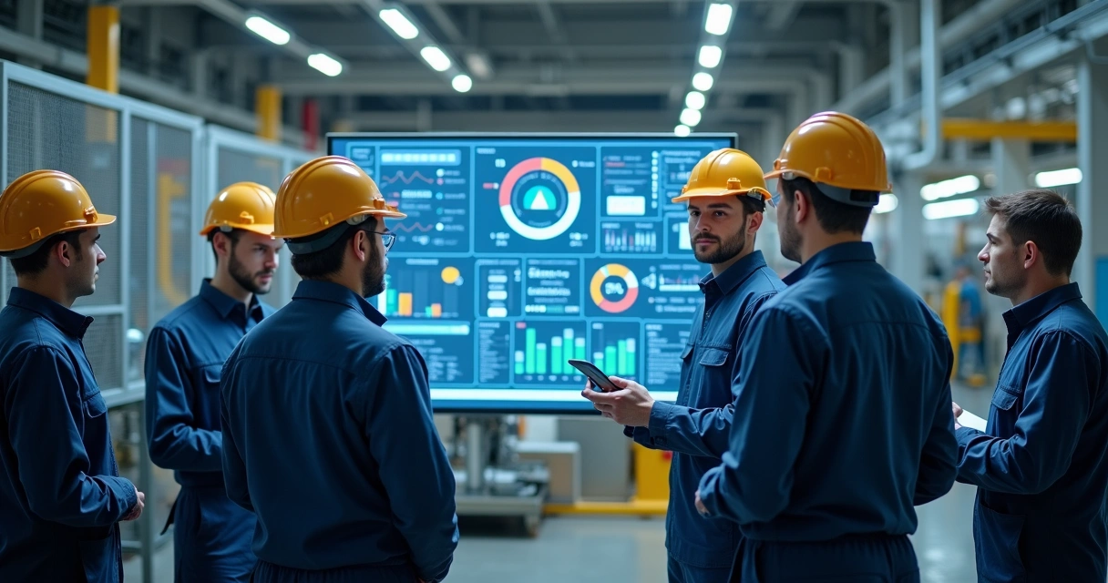 Equipe de operações em ambiente industrial utilizando sistema digital de gestão