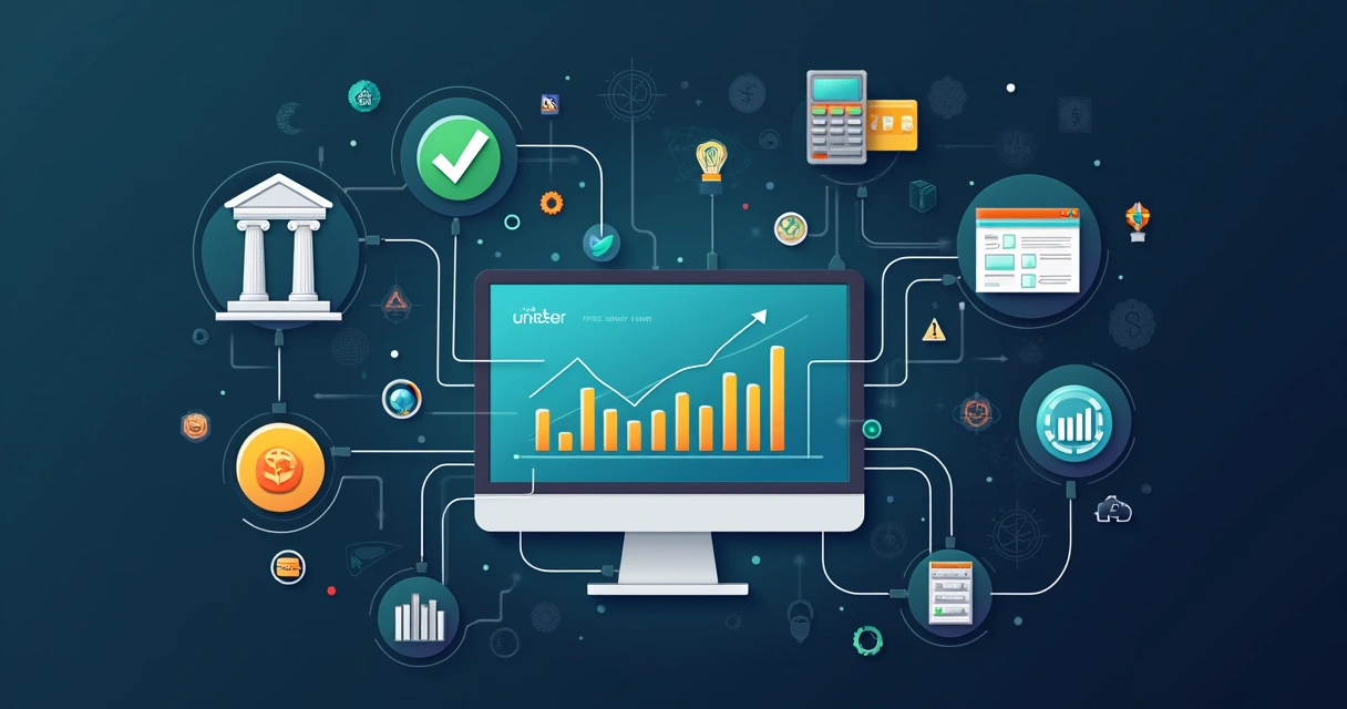 Tela de computador exibindo integrações financeiras e gráficos em tempo real