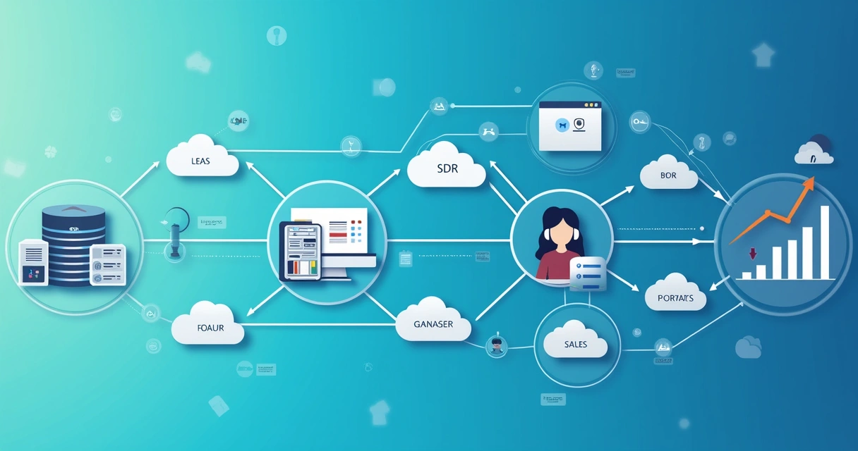 Fluxo visual de integração entre plataformas de dados, LDR, SDR e vendas, com setas conectando cada etapa