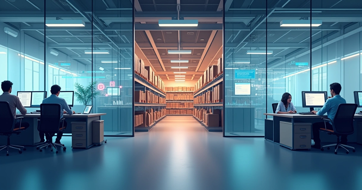 Fluxo integrado mostrando setores de vendas, estoque e financeiro com troca automática de informações 