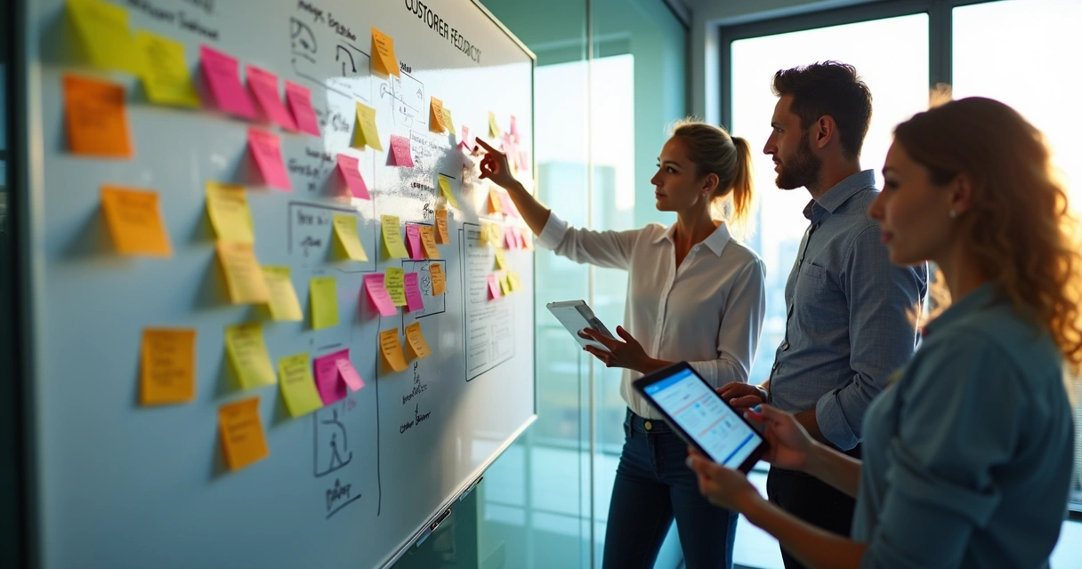 Equipe reunida discutindo processo com post-its coloridos na parede 