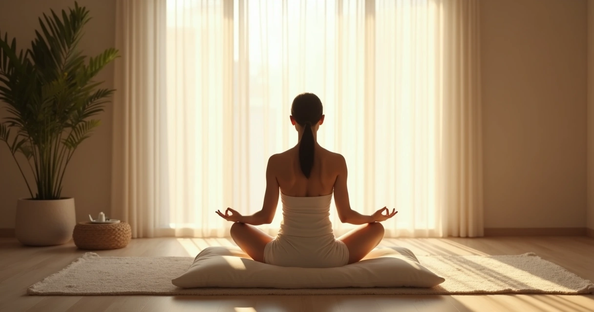 Pessoa sentada em silêncio refletindo em um ambiente tranquilo com luz suave 