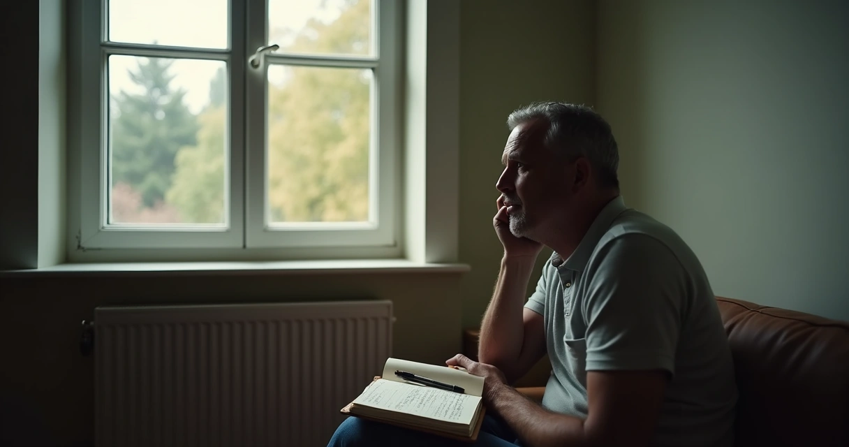 Pessoa olhando para janela, pensando, luz suave, caderno aberto com anotações ao lado 