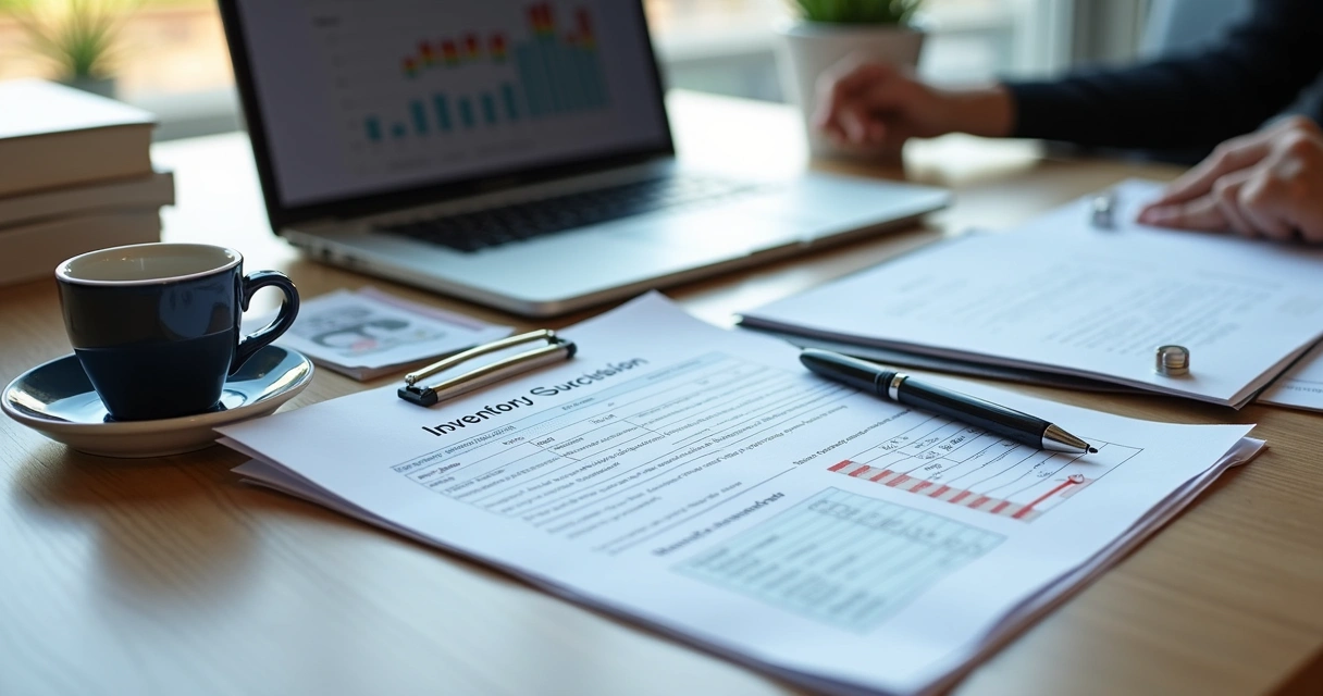 Mesa de escritório com documentos de inventário, laptop aberto e caneta sobre papel 
