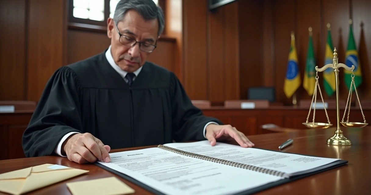 Juiz analisando laudo de avaliação de imóvel em tribunal brasileiro 
