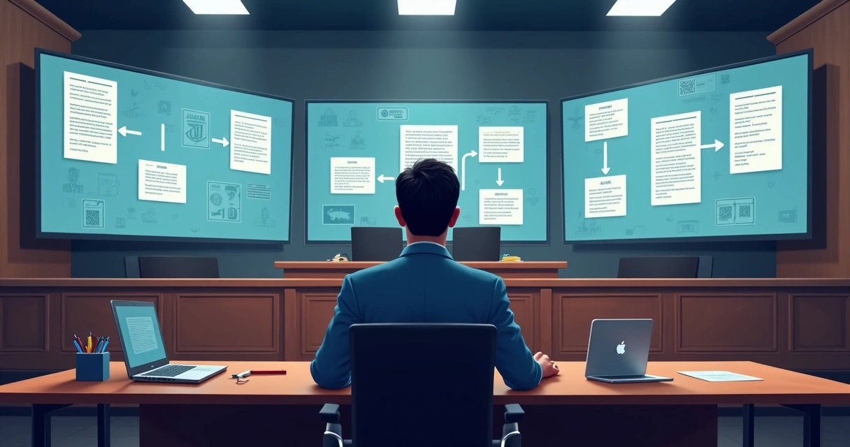 Sala de audiência virtual com documentos digitais e advogado usando notebook 