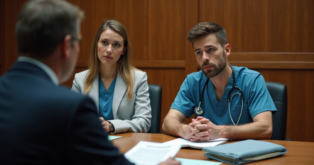 Audiência jurídica de residente médico em tribunal 