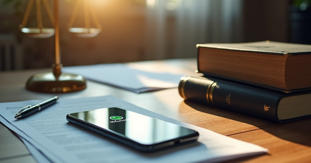 Celular ao lado de processos judiciais e livros de direito em mesa 