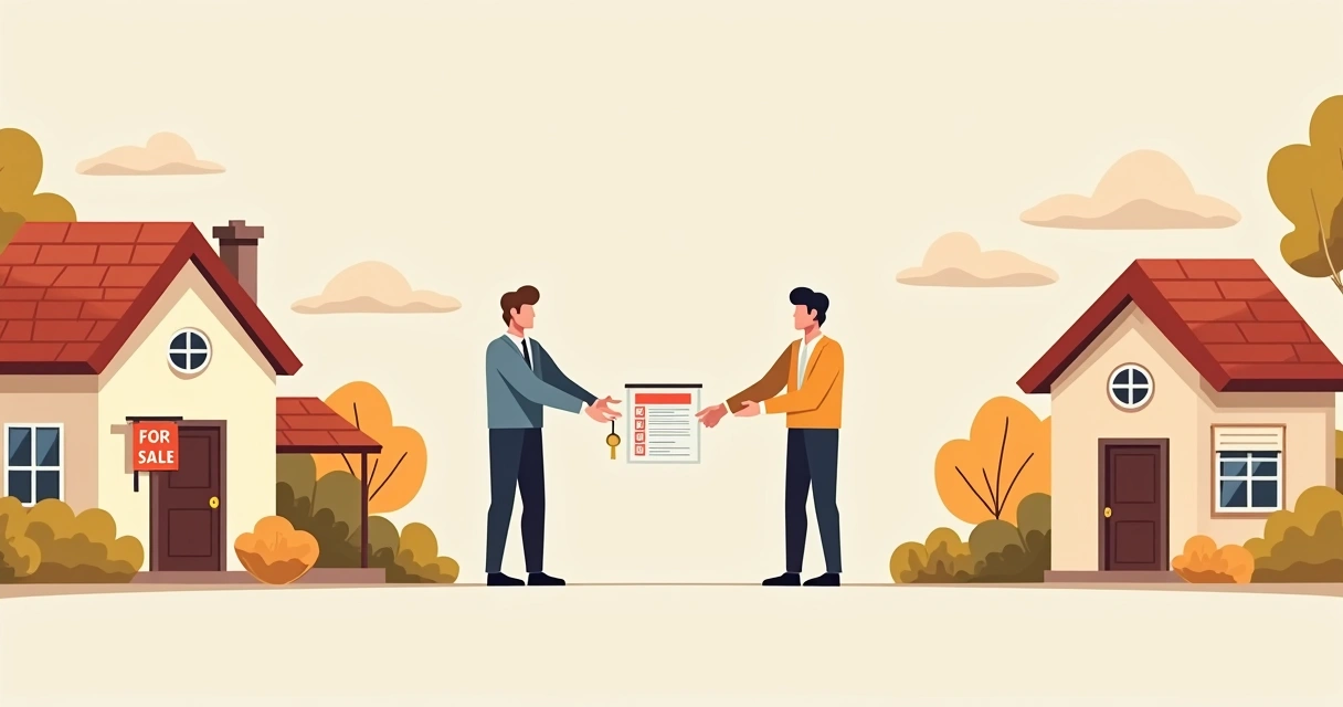 Ilustração do processo de leaseback de imóvel nos EUA, mostrando etapas de venda, assinatura de contrato e permanência do antigo proprietário como inquilino. 