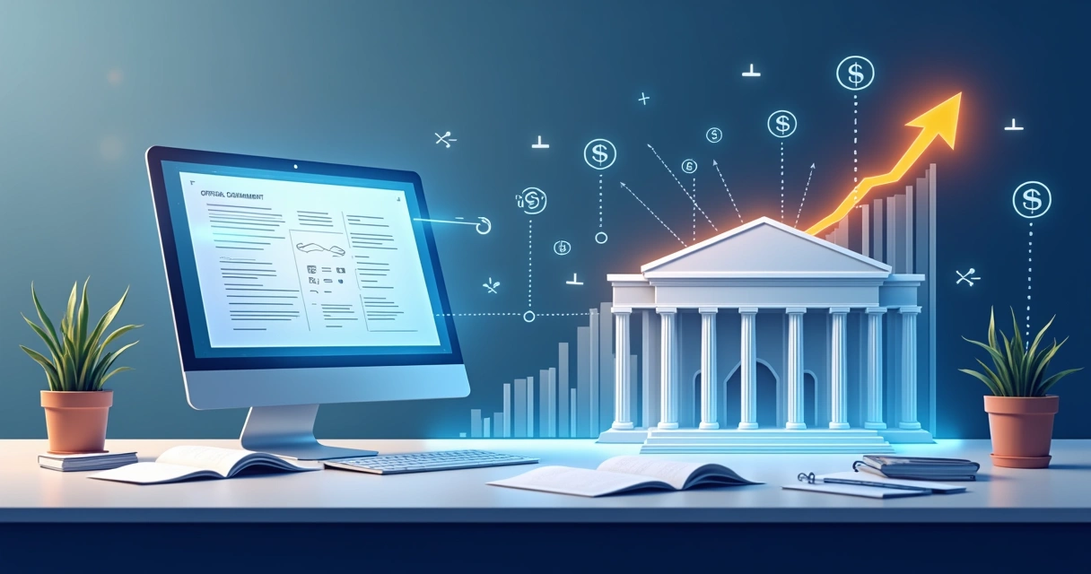 Fluxo ilustrado de dados entre empresa, formulário e ministério, com gráficos e conexão digital