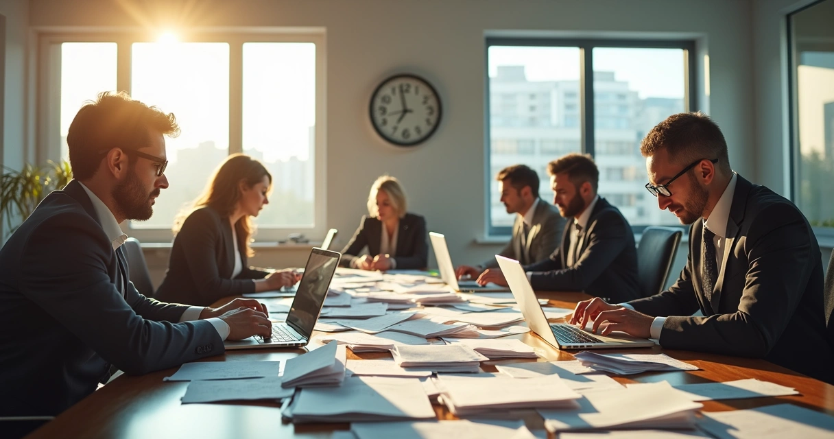 Equipe reunida em mesa de escritório analisando pilhas de papéis 