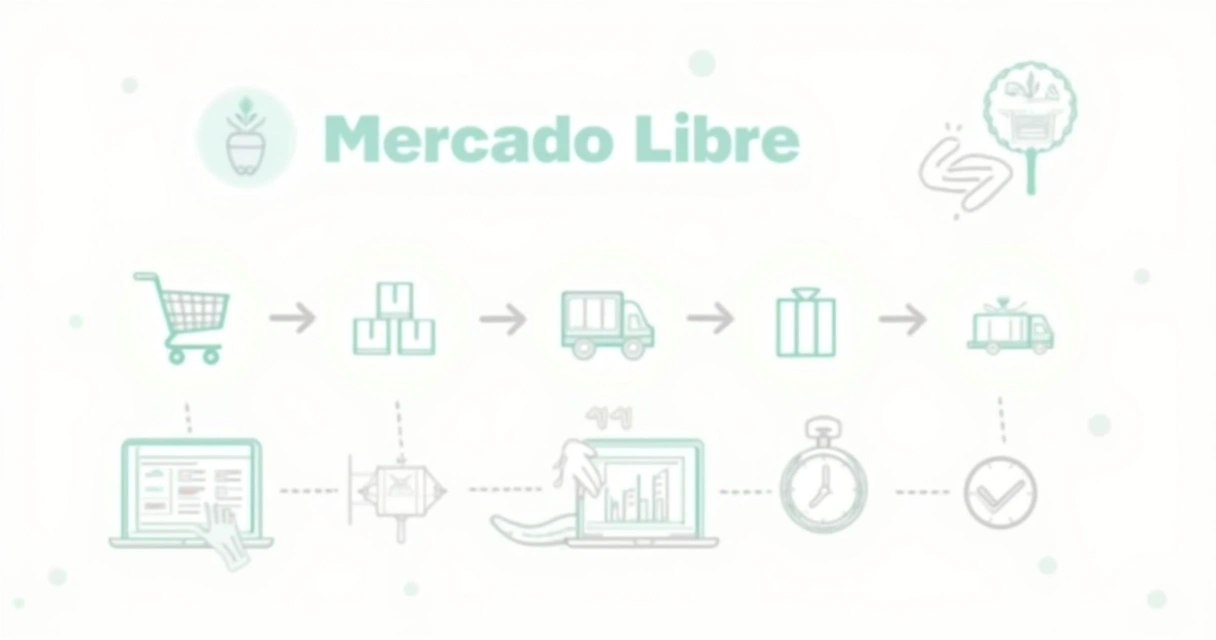 Fluxograma ilustrado mostrando os 7 passos para liberar Full e Flex no Mercado Livre com ícones de carrinho, embalagem e entrega 