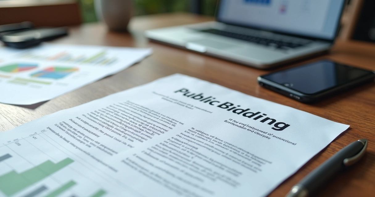 Mesa de trabalho com documentos de edital de licitação, laptop aberto com sistema de alerta de licitações, caneta, e gráficos ao fundo 