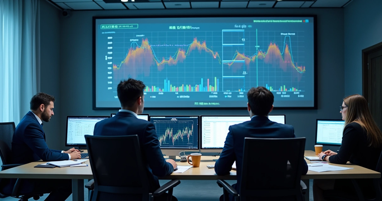 Sessão de análise de editais por inteligência artificial, com gráficos coloridos e tela mostrando resultados da economia em licitações 