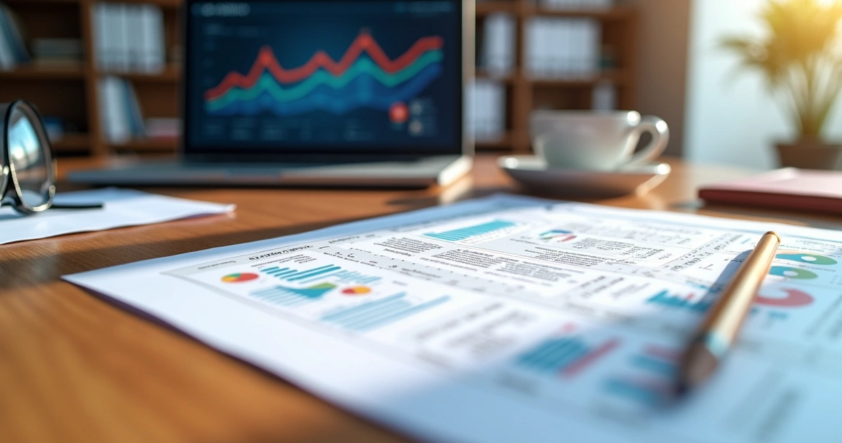 Documento de edital de licitação pública sobre mesa com lápis e laptop aberto ao lado mostrando gráficos 