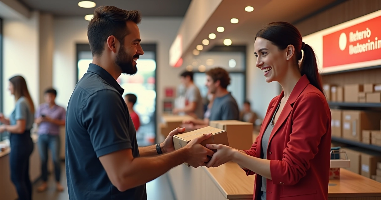 Processo de logística reversa com pacote sendo devolvido na agência Correios