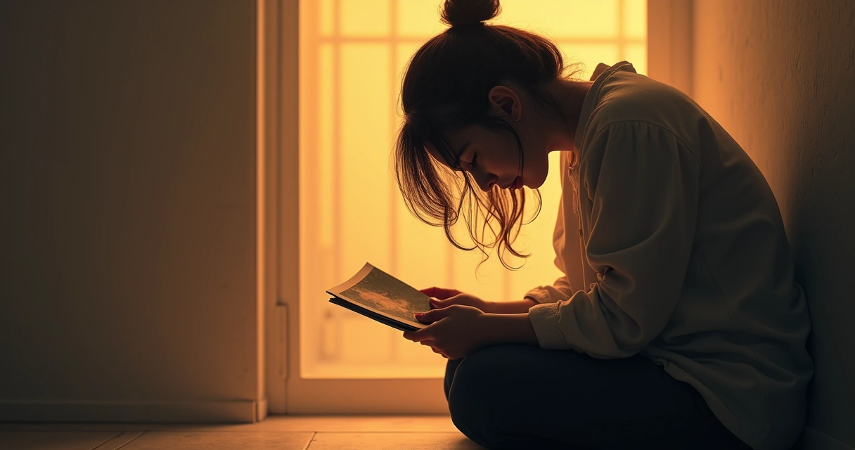 Figura humana de cabeça baixa segurando uma fotografia, com luz suave ao redor e ambiente acolhedor. 