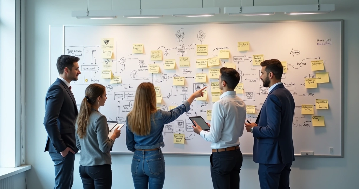 Equipe reunida mapeando processos em quadro branco 