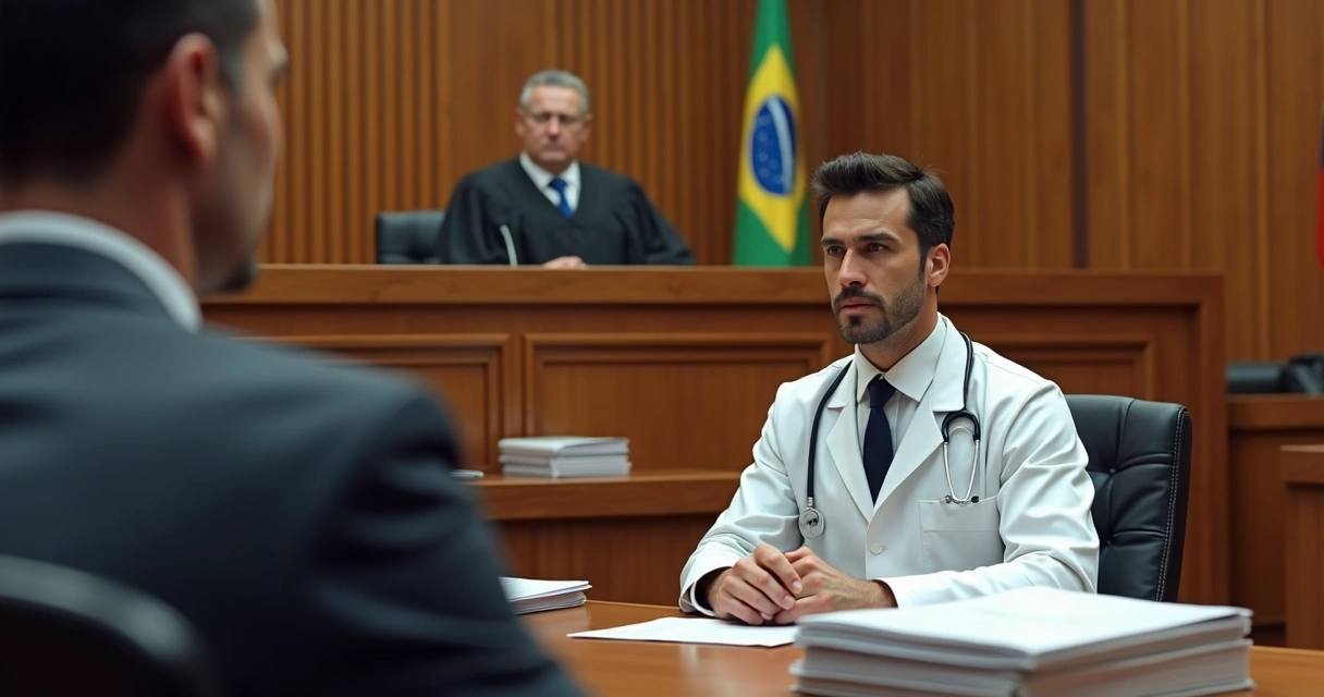 Audiência judicial com médico e paciente em tribunal 