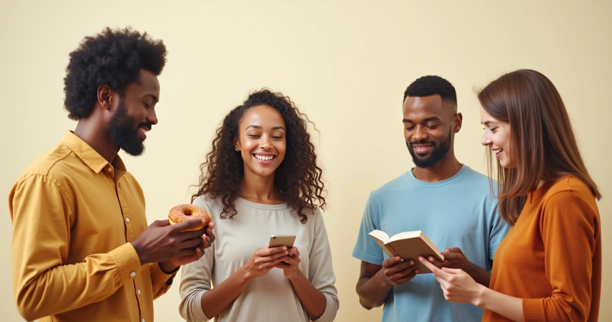 Fluxo de diferentes decisões cotidianas representadas por pessoas escolhendo entre opções em um fundo claro 