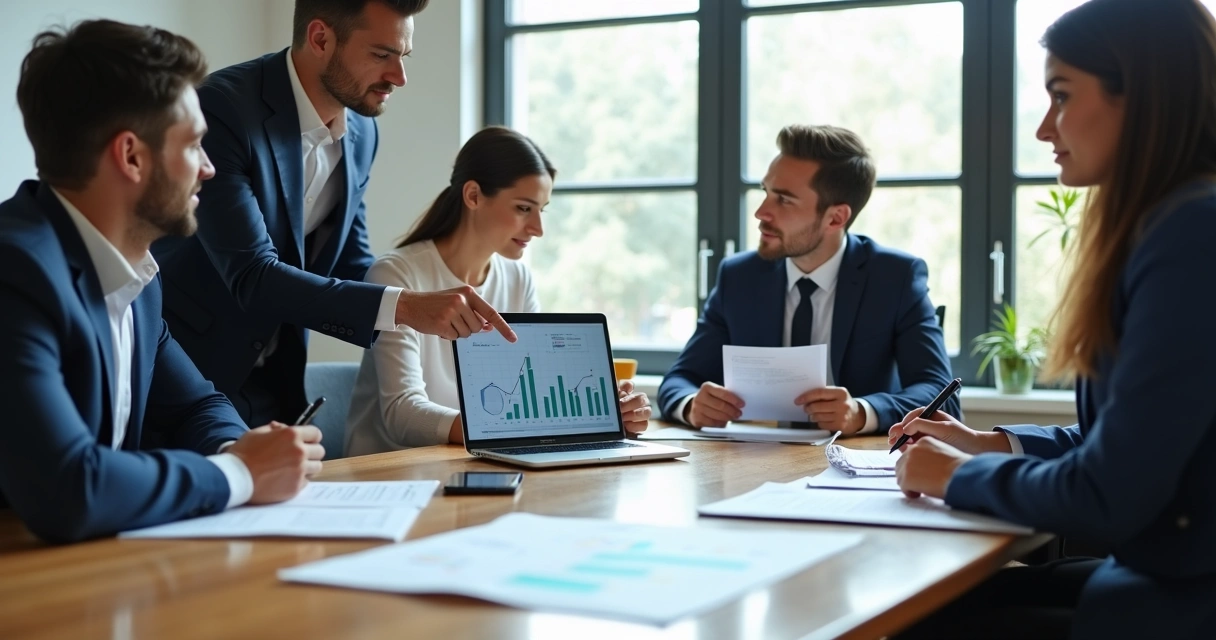 Profissionais realizando reunião para migração de contabilidade, com documentos e laptop em mesa clara 