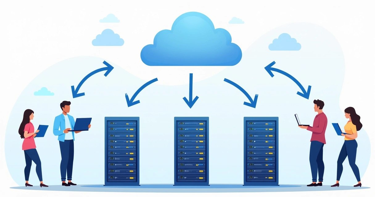 Diagramas de migração de servidores físicos para nuvem com equipe de TI monitorando 
