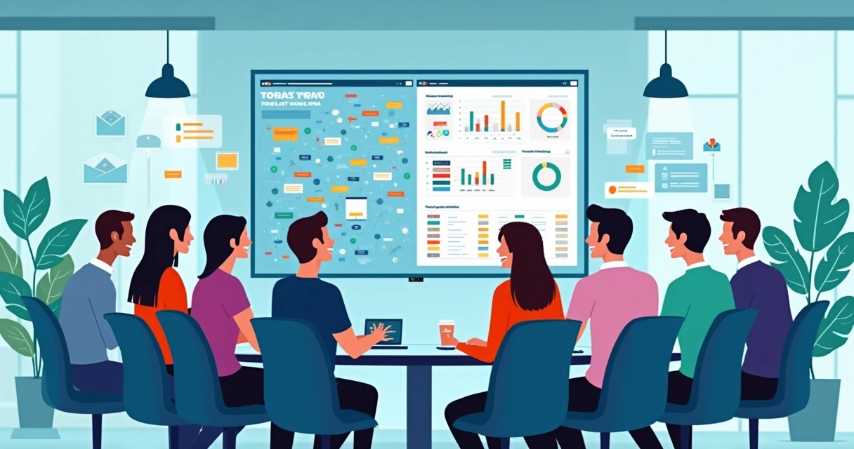 Equipe em volta de uma tela com planilhas de Excel se transformando em um painel de CRM digital 