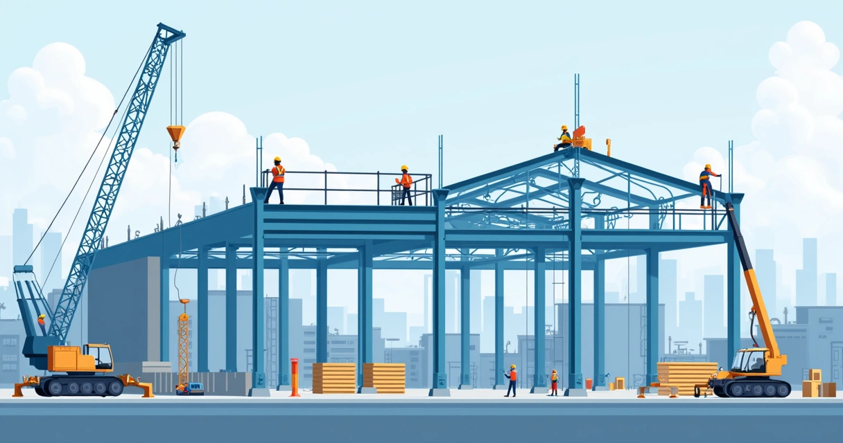 Equipe instalando peças de aço em estrutura de galpão industrial 