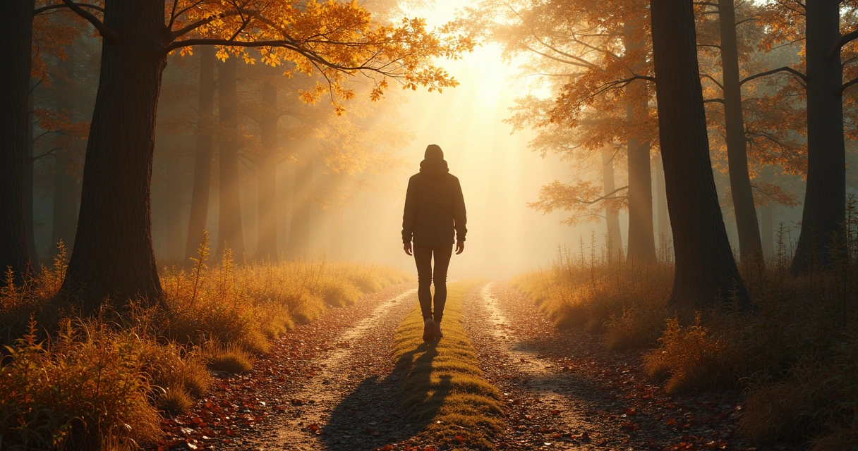 Pessoa caminhando sozinha em trilha de floresta com luz suave entre as árvores, representando processo de mudança pessoal e reflexão 