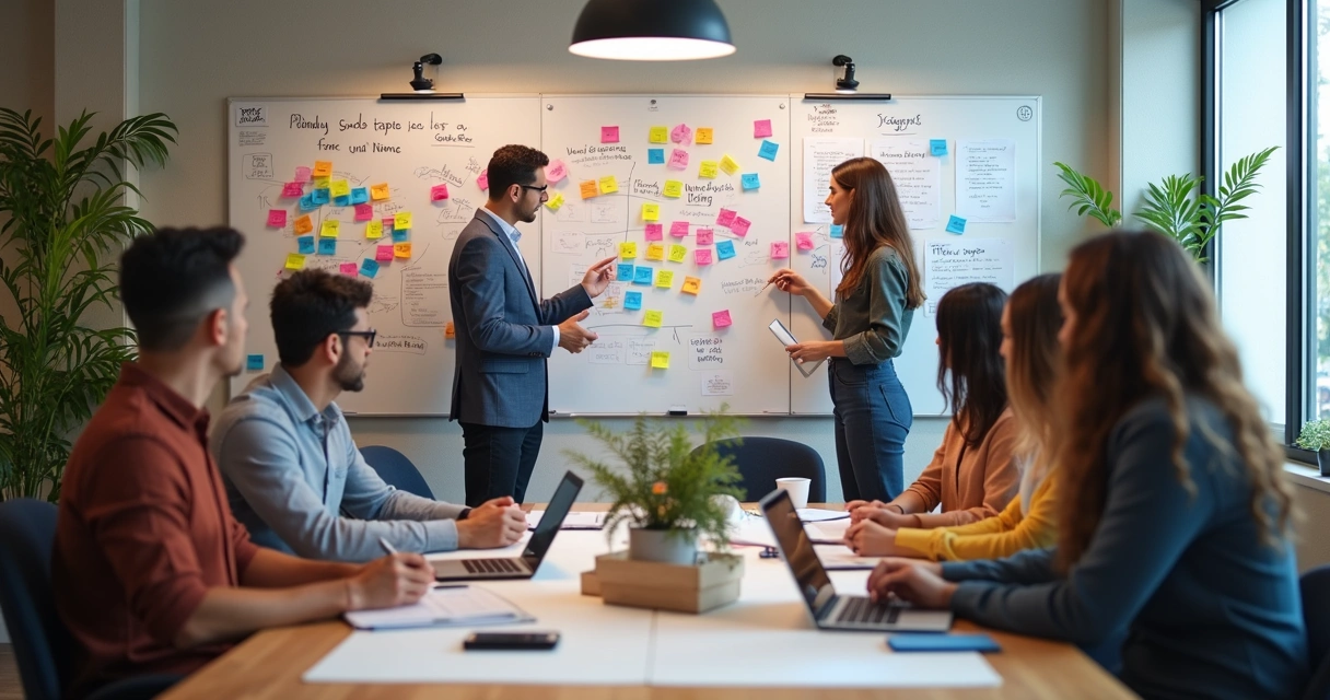 Equipe criativa em reunião com quadros de brainstorming mostrando nomes e ideias para marcas.