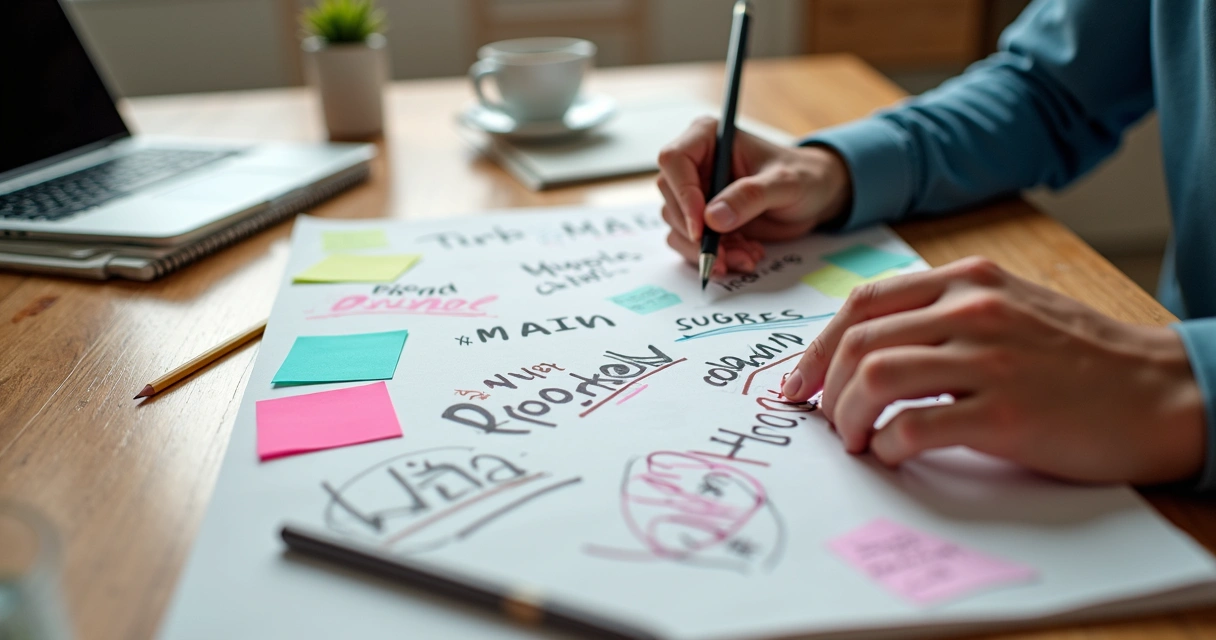 Mãos trabalhando em quadro com post-its coloridos e rascunhos de nomes de marca numa mesa de madeira clara 