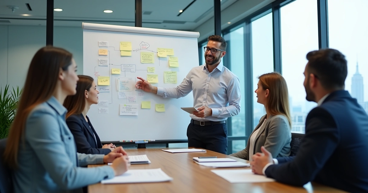 Equipe explicando processo de onboarding para novo cliente em sala de reunião. 