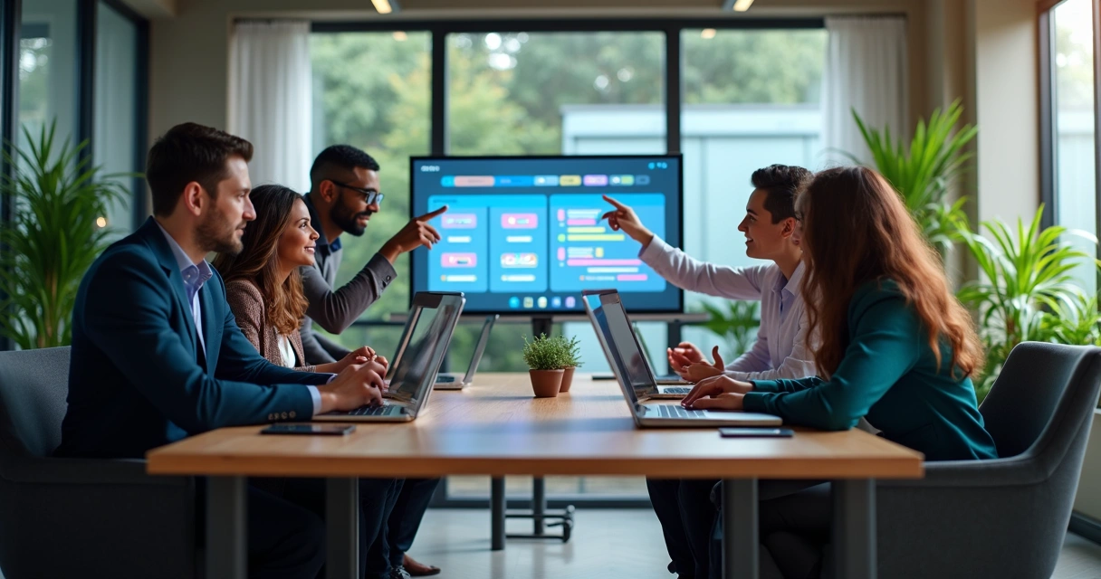 Equipe diversa colaborando em processo de onboarding digital em escritório moderno 