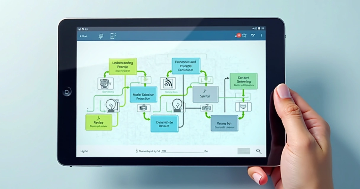 Fluxograma digital colorido mostrando etapas da criação de conteúdo com IA 