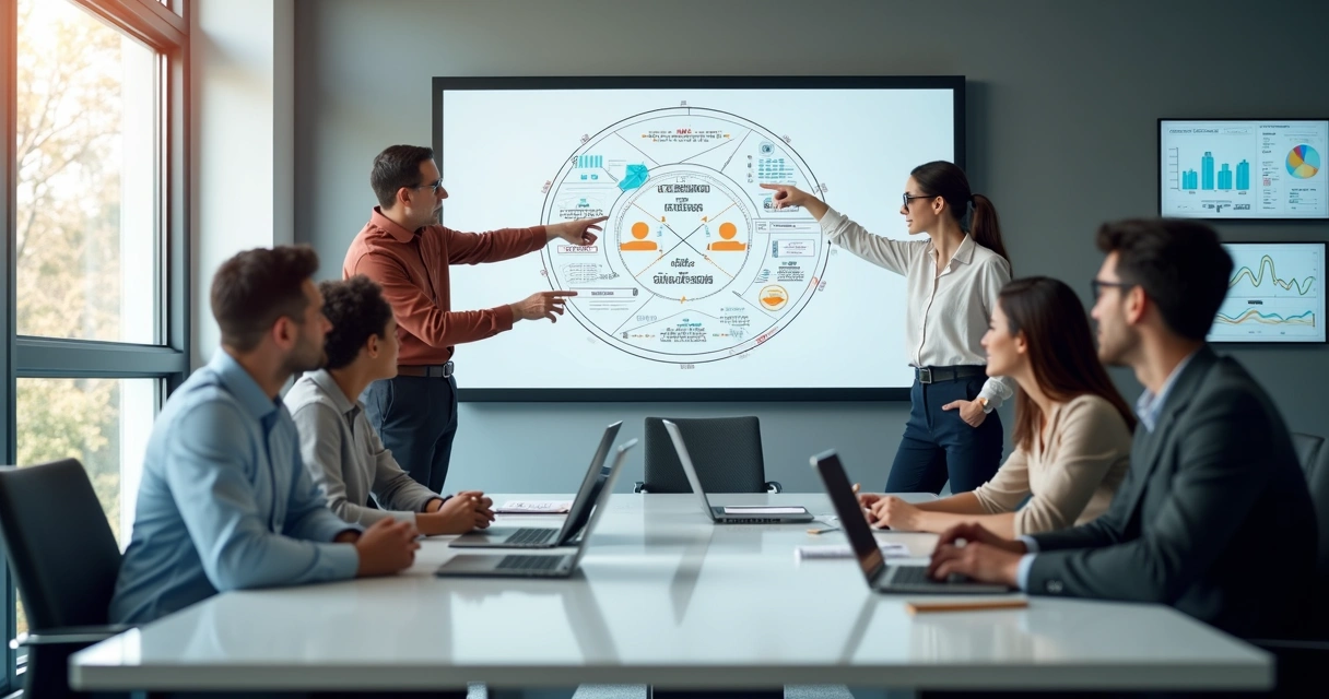 Equipe analisando quadro com etapas do ciclo PDCA em ambiente corporativo moderno 