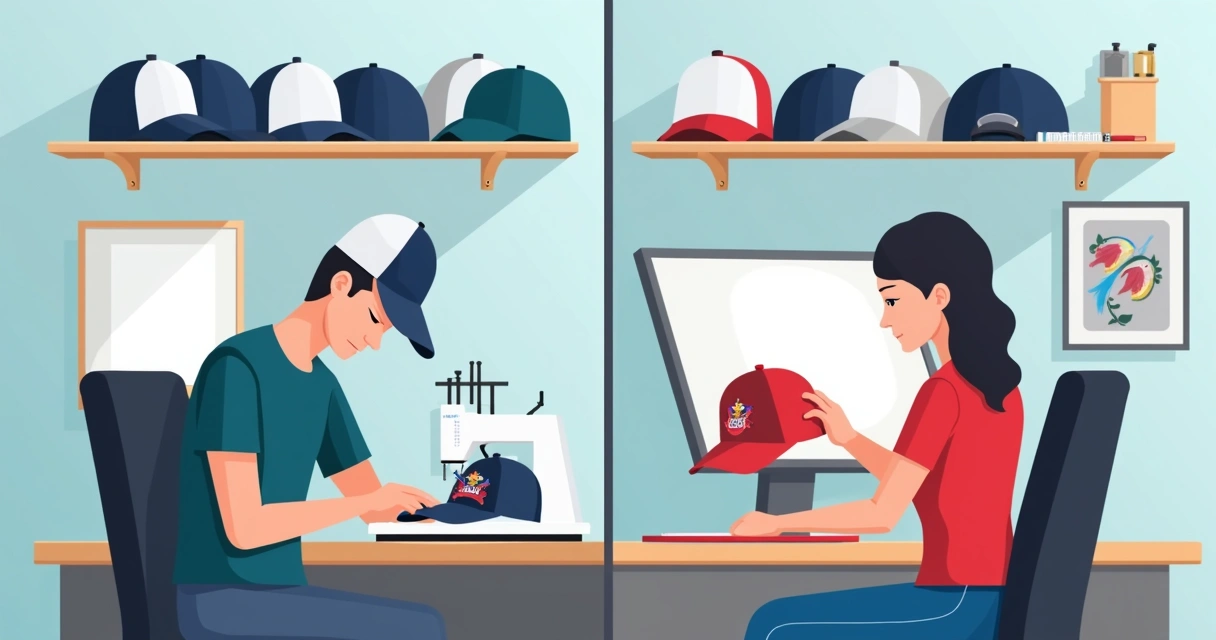 Processo de personalização de boné com silk e bordado lado a lado 