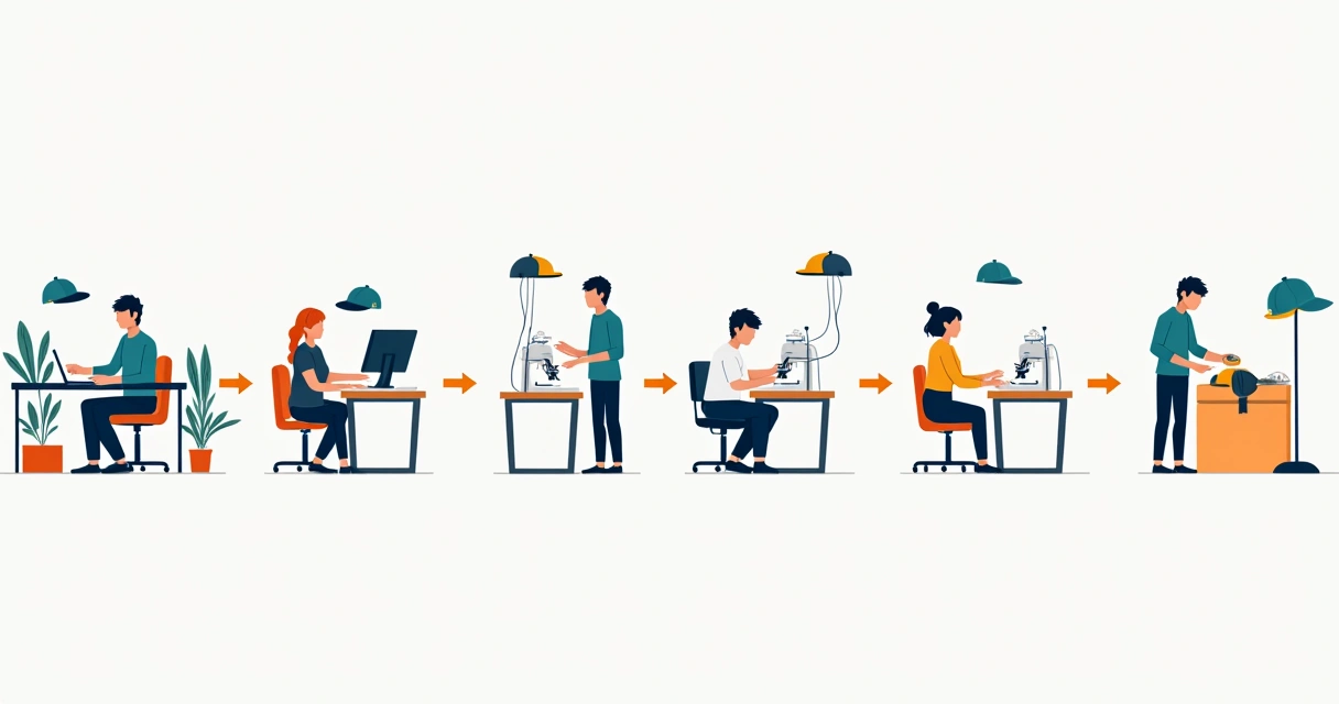 Processo de personalização de bonés mostrando etapas de design, bordado e embalagem 