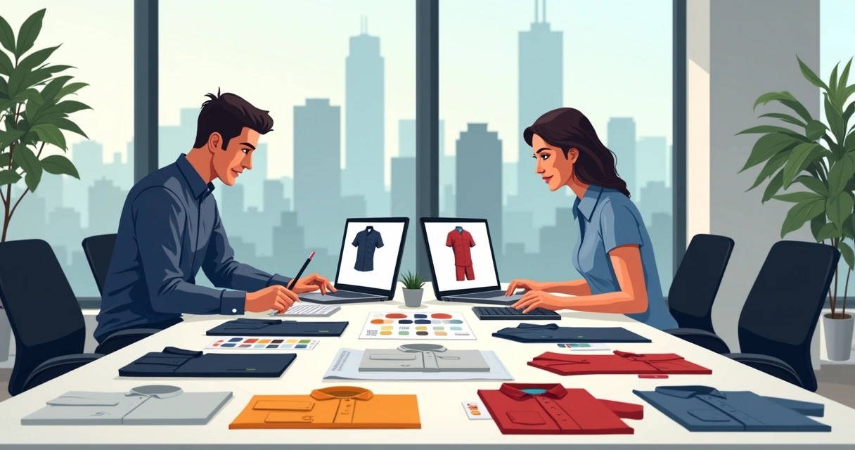 Profissionais analisando opções de personalização de camisas executivas 