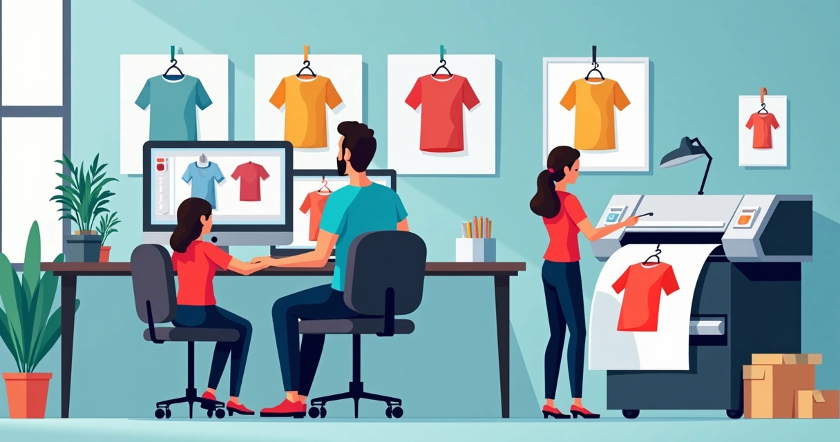 Designer criando estampa de camiseta ao lado de impressora digital 