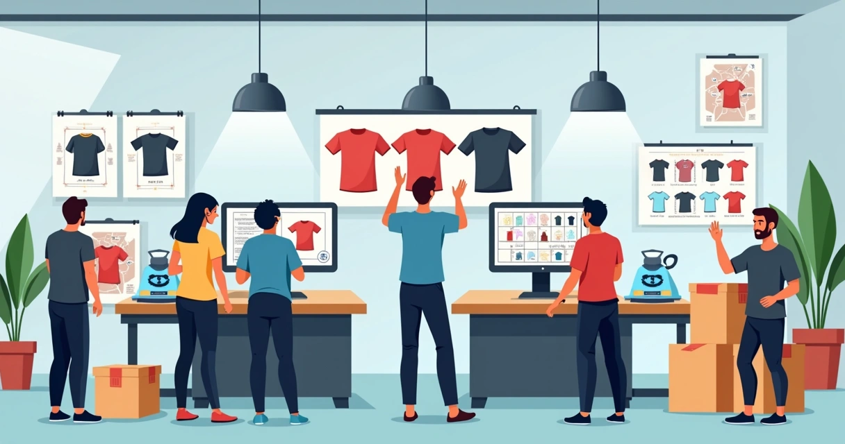 Processo de personalização de camisetas em São João de Meriti, equipe trabalhando em equipamentos modernos 