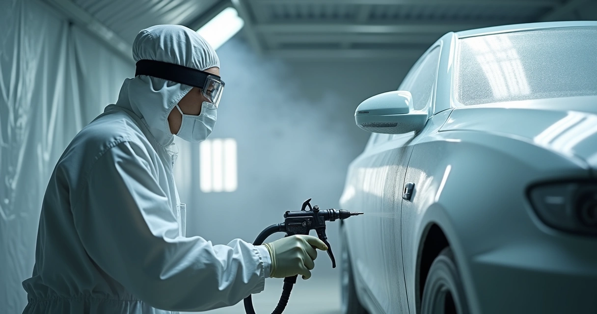 Profissional aplicando tinta automotiva em carro mascarado 