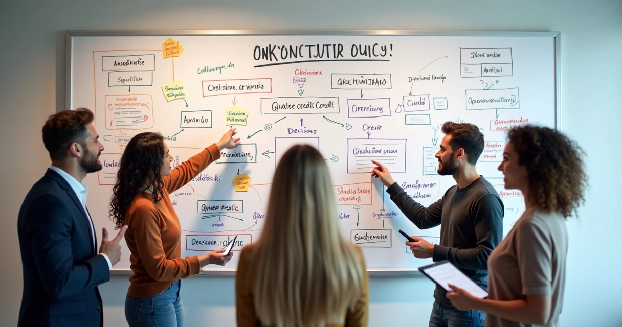 Fluxograma colorido de processo de concessão de crédito em um quadro branco 