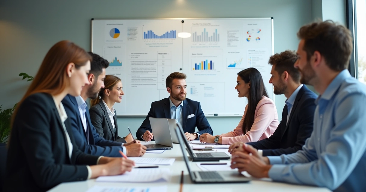 Processo de análise para precificação segura com equipe reunida e quadros de valores