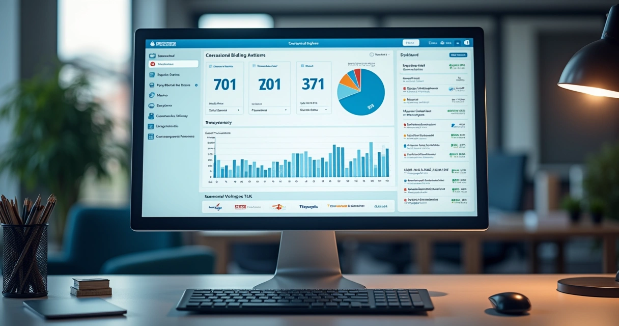 Tela de computador mostrando plataforma digital de pregão eletrônico com gráficos, dados e lista de licitações abertas 