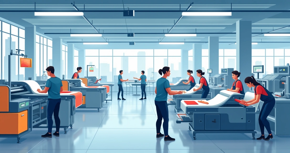 Processo de produção de camisetas personalizadas com operadores em ação 