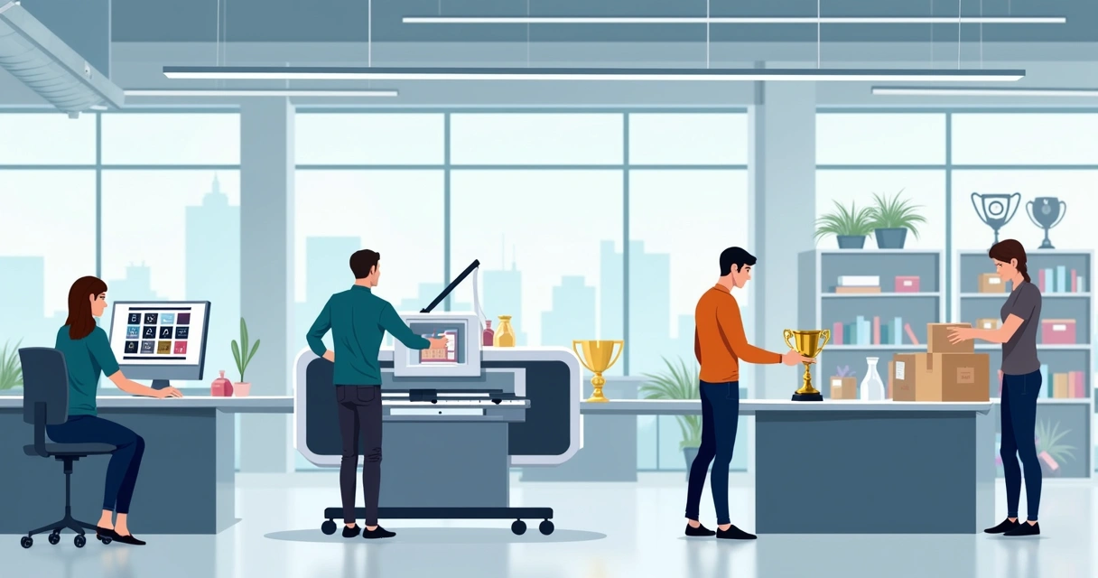 Equipe produzindo troféus personalizados com equipamentos modernos 