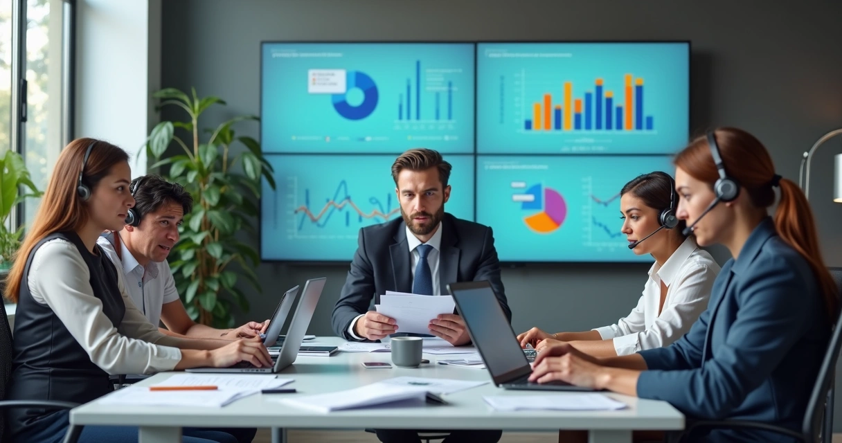 Equipe de vendas em escritório moderno com telas mostrando propostas comerciais atrasadas e gráficos de produtividade 