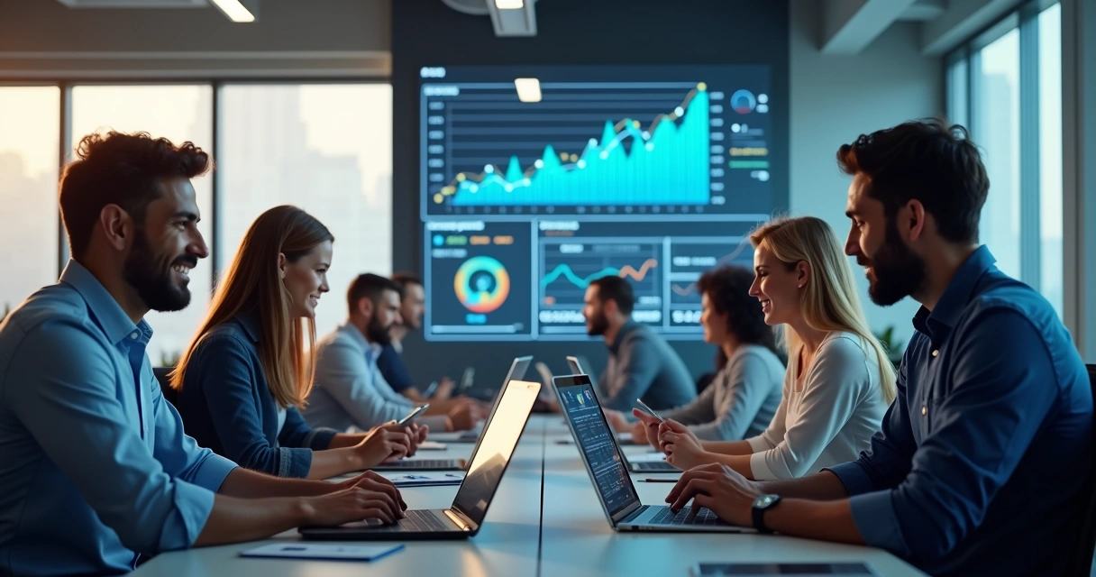 Equipe de vendas em ambiente moderno utilizando computadores e telefones para prospecção ativa com gráficos de desempenho ao fundo 