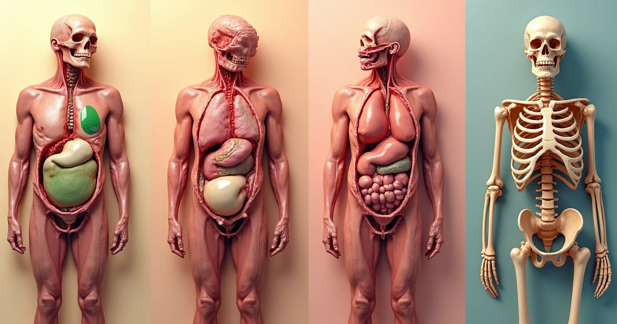Fases da putrefação cadavérica ilustradas em seções do corpo humano. 