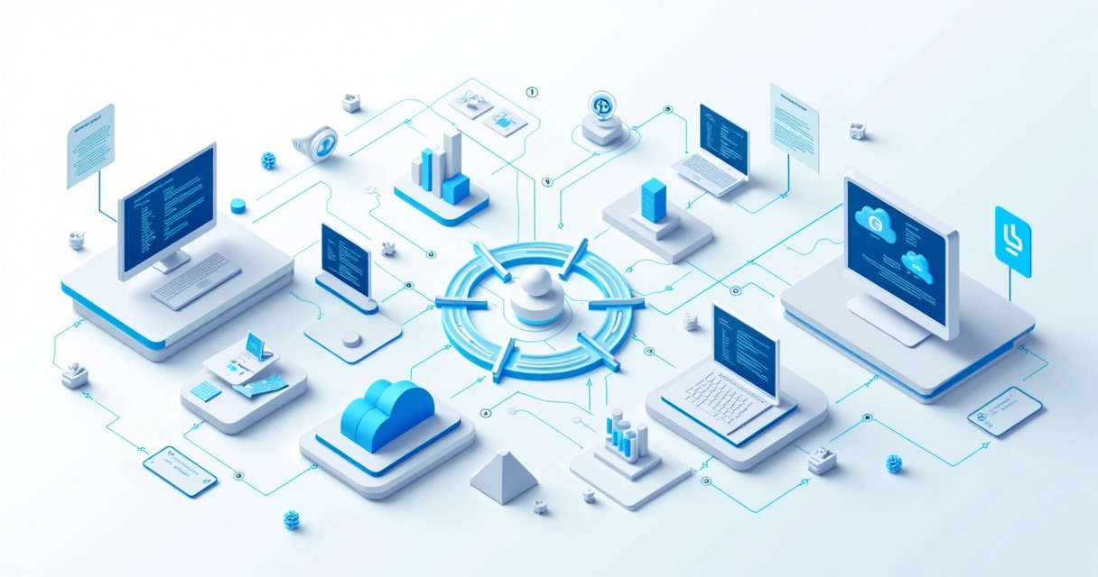 Diagrama visual do processo de quality assurance com etapas conectadas e ícones de software
